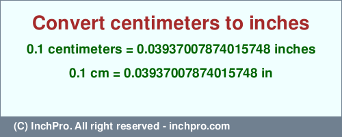 Result converting 0.1 centimeters to inches = 0.03937007874015748 inches