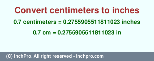 Result converting 0.7 centimeters to inches = 0.2755905511811023 inches