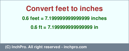 Result converting 0.6 feet to inches = 7.199999999999999 inches