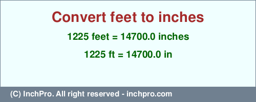 1225 feet to inches is equal to 14700.0 (in) Result converting 1225 feet to inches = 14700.0 inches
