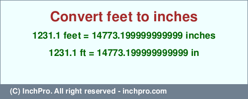 1231.1 feet to inches is equal to 14773.199999999999 (in) Result converting 1231.1 feet to inches = 14773.199999999999 inches