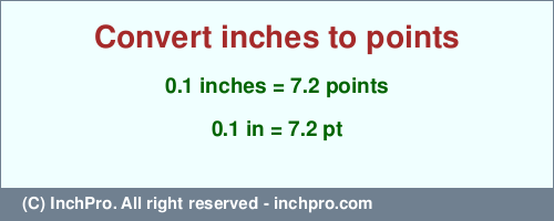 0.1 inches to pt is equal to 7.2 (pt) Result converting 0.1 inches to pt = 7.2 points