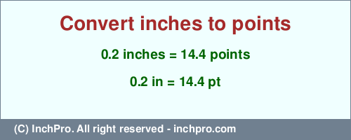 0.2 inches to pt is equal to 14.4 (pt) Result converting 0.2 inches to pt = 14.4 points