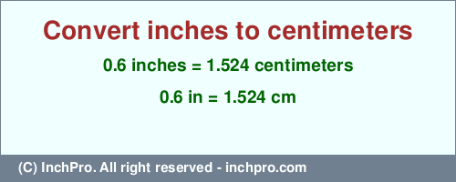 0.6 inches to cm is equal to 1.524 (cm) Result converting 0.6 inches to cm = 1.524 centimeters