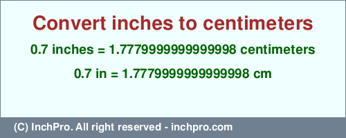 Result converting 0.7 inches to cm = 1.7779999999999998 centimeters
