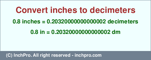 Result converting 0.8 inches to dm = 0.20320000000000002 decimeters