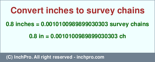 Result converting 0.8 inches to ch = 0.0010100989899030303 survey chains