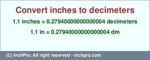 Result converting 1.1 inches to dm = 0.27940000000000004 decimeters