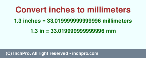 Result converting 1.3 inches to mm = 33.019999999999996 millimeters