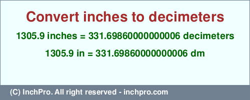 Result converting 1305.9 inches to dm = 331.69860000000006 decimeters
