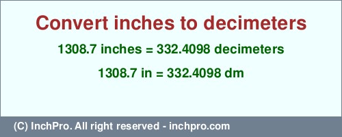 1308.7 inches to dm is equal to 332.4098 (dm) Result converting 1308.7 inches to dm = 332.4098 decimeters