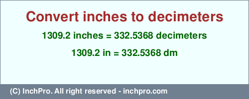 1309.2 inches to dm is equal to 332.5368 (dm) Result converting 1309.2 inches to dm = 332.5368 decimeters