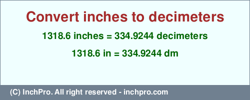 1318.6 inches to dm is equal to 334.9244 (dm) Result converting 1318.6 inches to dm = 334.9244 decimeters
