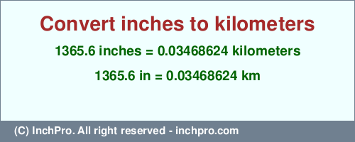Result converting 1365.6 inches to km = 0.03468624 kilometers