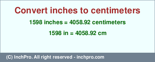 1598 inches to cm is equal to 4058.92 (cm) Result converting 1598 inches to cm = 4058.92 centimeters
