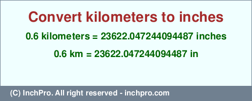 Result converting 0.6 kilometers to inches = 23622.047244094487 inches