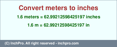 Result converting 1.6 meters to inches = 62.99212598425197 inches