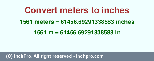 1561 meters to inches is equal to 61456.69291338583 (in) Result converting 1561 meters to inches = 61456.69291338583 inches