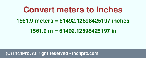 Result converting 1561.9 meters to inches = 61492.12598425197 inches