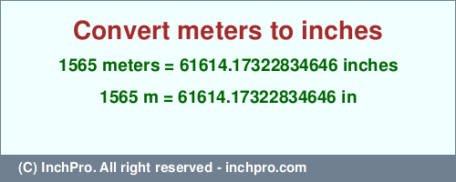 1565 meters to inches is equal to 61614.17322834646 (in) Result converting 1565 meters to inches = 61614.17322834646 inches