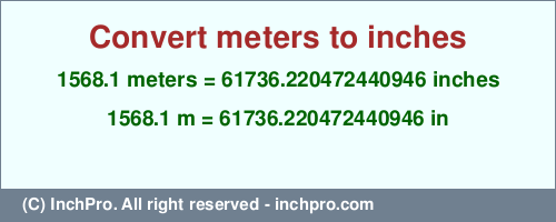 Result converting 1568.1 meters to inches = 61736.220472440946 inches