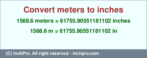 Result converting 1568.6 meters to inches = 61755.90551181102 inches
