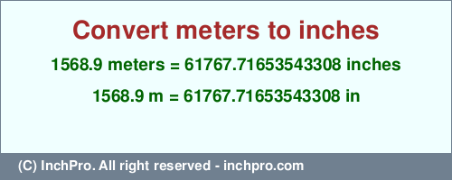 Result converting 1568.9 meters to inches = 61767.71653543308 inches