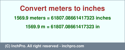 1569.9 meters to inches is equal to 61807.08661417323 (in) Result converting 1569.9 meters to inches = 61807.08661417323 inches