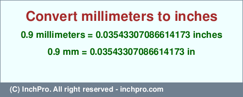 Result converting 0.9 millimeters to inches = 0.03543307086614173 inches