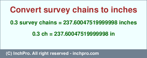0.3 survey chains to inches is equal to 237.60047519999998 (in) Result converting 0.3 survey chains to inches = 237.60047519999998 inches