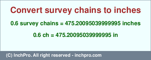 Result converting 0.6 survey chains to inches = 475.20095039999995 inches