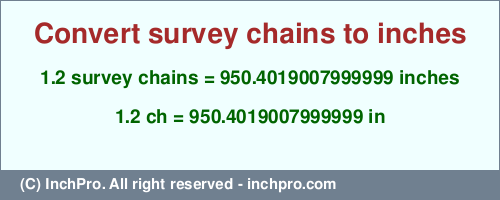 1.2 survey chains to inches is equal to 950.4019007999999 (in) Result converting 1.2 survey chains to inches = 950.4019007999999 inches
