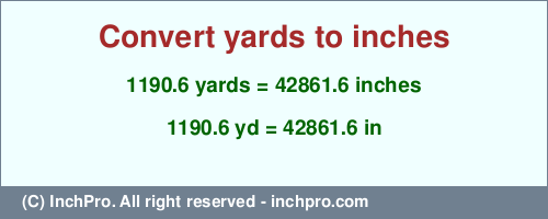 Result converting 1190.6 yards to inches = 42861.6 inches